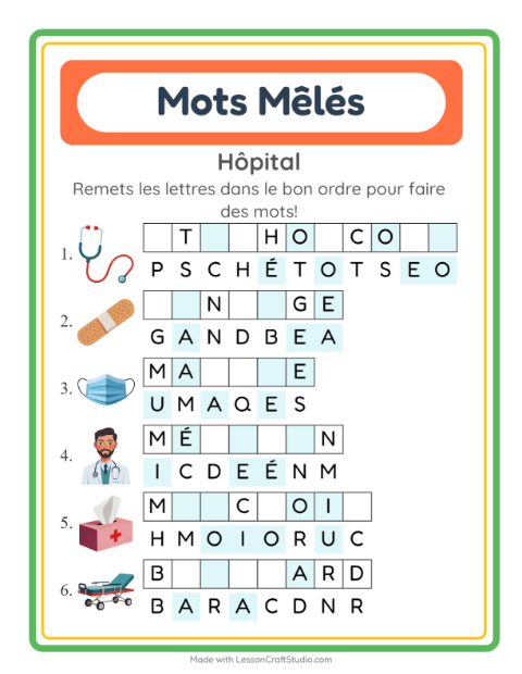Aperçu de la fiche Lettres Mélangées avec Hôpital pour CP (cours préparatoire)