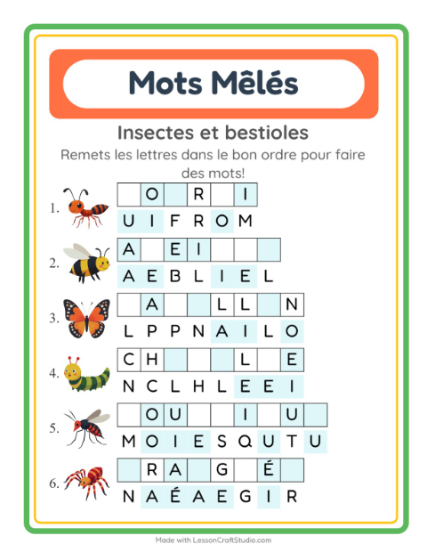 Aperçu de la fiche Lettres Mélangées avec Insectes et bestioles pour CP (cours préparatoire)
