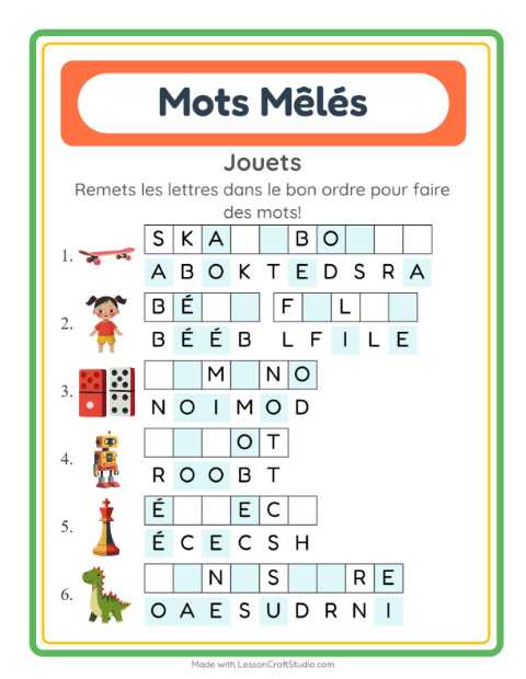 Aperçu de la fiche Lettres Mélangées avec Jouets pour CP (cours préparatoire)