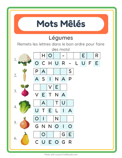 Aperçu de la fiche Lettres Mélangées avec Légumes pour CP (cours préparatoire)
