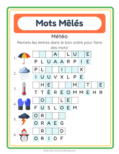 Aperçu de la fiche Lettres Mélangées avec Météo pour CP (cours préparatoire)