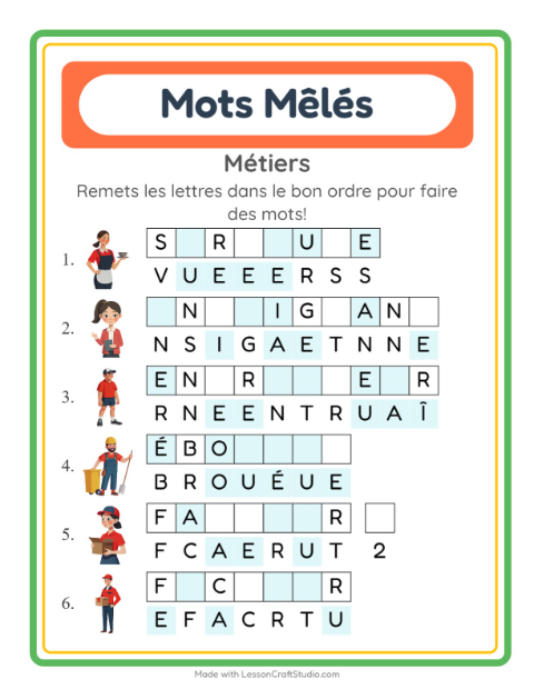 Aperçu de la fiche Lettres Mélangées avec Métiers pour CP (cours préparatoire)