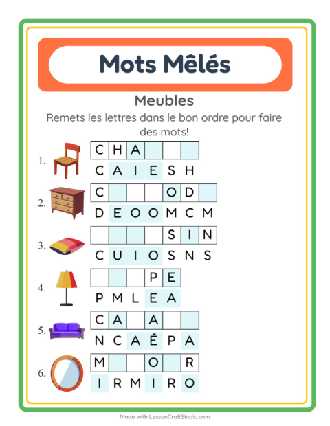 Aperçu de la fiche Lettres Mélangées avec Meubles pour CP (cours préparatoire)