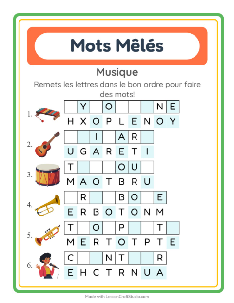 Aperçu de la fiche Lettres Mélangées avec Musique pour CP (cours préparatoire)