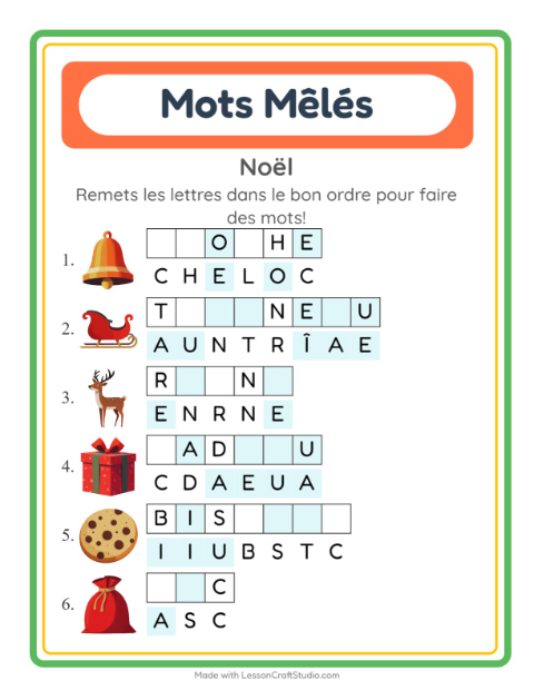 Aperçu de la fiche Lettres Mélangées avec Noël pour CP (cours préparatoire)
