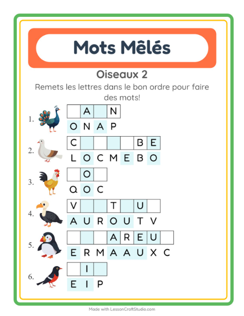 Aperçu de la fiche Lettres Mélangées avec Oiseaux 2 pour CP (cours préparatoire)