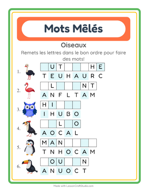 Aperçu de la fiche Lettres Mélangées avec Oiseaux pour CP (cours préparatoire)