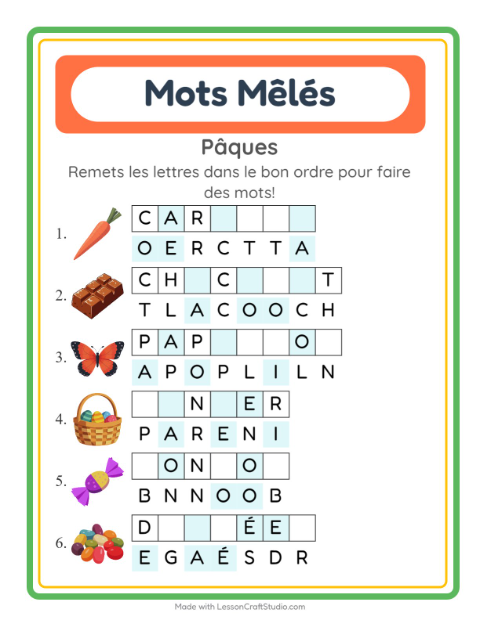 Aperçu de la fiche Lettres Mélangées avec Pâques pour CP (cours préparatoire)