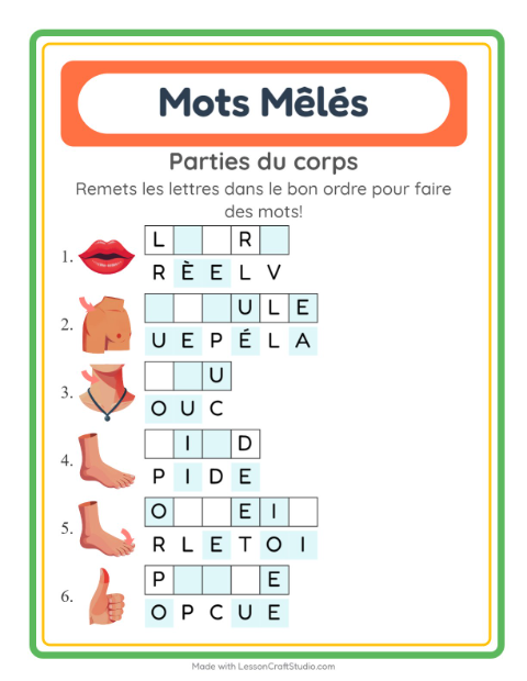 Aperçu de la fiche Lettres Mélangées avec Parties du corps pour CP (cours préparatoire)