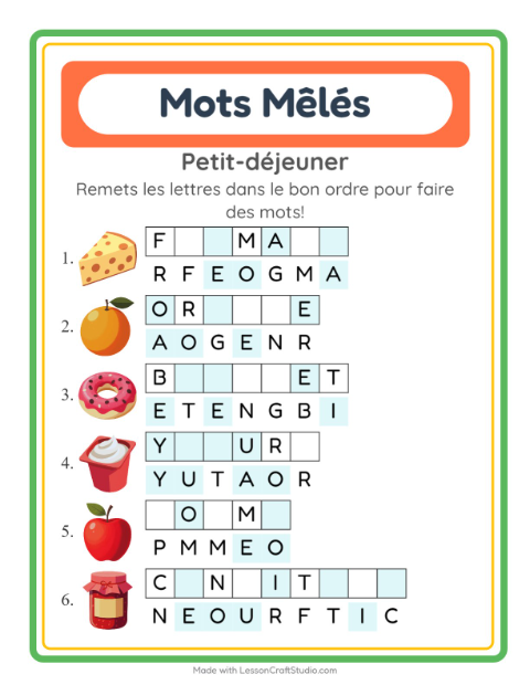 Aperçu de la fiche Lettres Mélangées avec Petit-déjeuner pour CP (cours préparatoire)