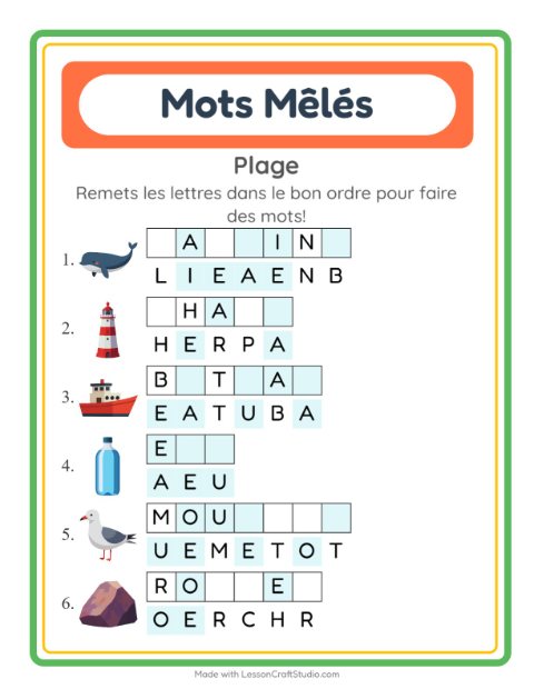 Aperçu de la fiche Lettres Mélangées avec Plage pour CP (cours préparatoire)