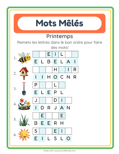 Aperçu de la fiche Lettres Mélangées avec Printemps pour CP (cours préparatoire)