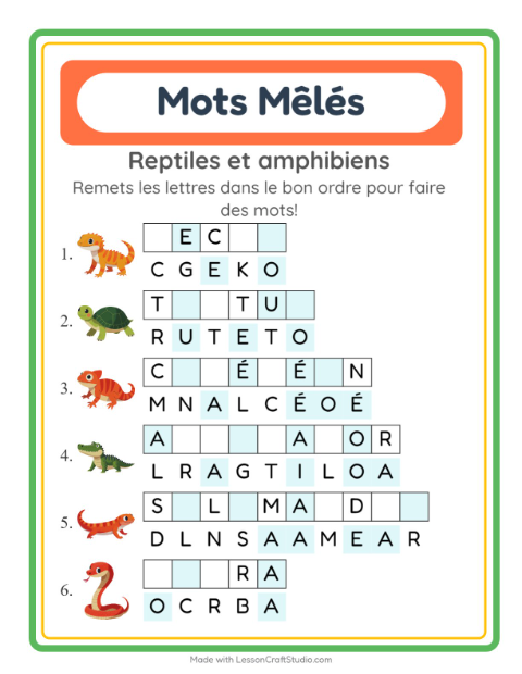 Aperçu de la fiche Lettres Mélangées avec Reptiles et amphibiens pour CP (cours préparatoire)