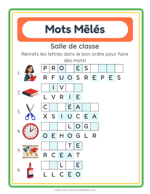 Aperçu de la fiche Lettres Mélangées avec Salle de classe pour CP (cours préparatoire)