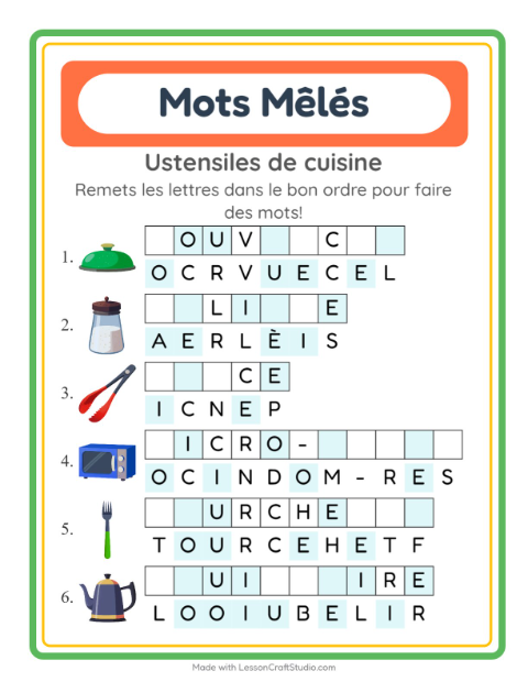 Aperçu de la fiche Lettres Mélangées avec Ustensiles de cuisine pour CP (cours préparatoire)