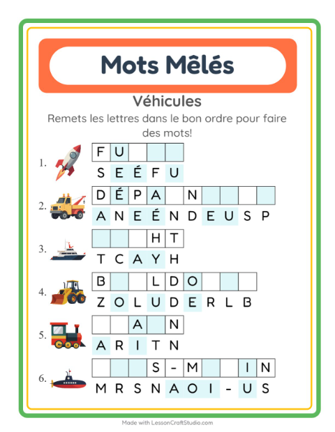 Aperçu de la fiche Lettres Mélangées avec Véhicules pour CP (cours préparatoire)
