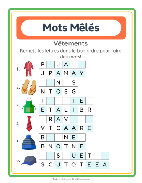 Aperçu de la fiche Lettres Mélangées avec Vêtements pour CP (cours préparatoire)