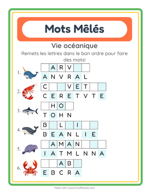 Aperçu de la fiche Lettres Mélangées avec Vie océanique pour CP (cours préparatoire)