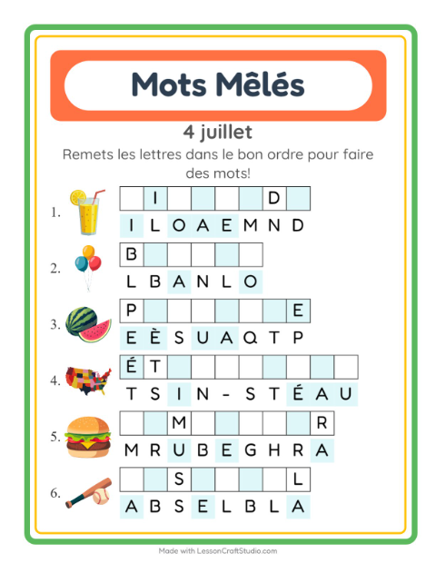 Aperçu de la fiche Lettres Mélangées avec 4 juillet pour CP (cours préparatoire)