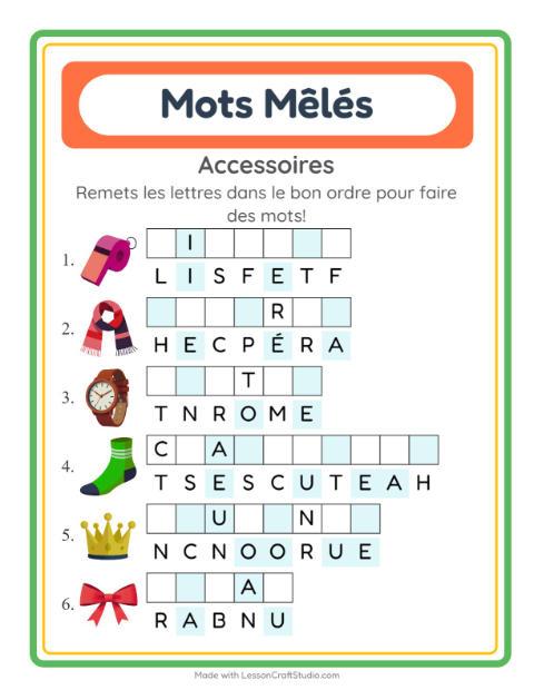 Aperçu de la fiche Lettres Mélangées avec Accessoires pour CP (cours préparatoire)