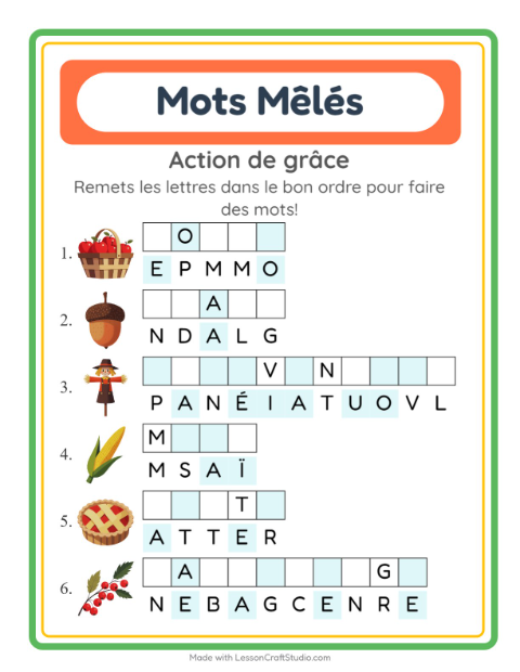 Aperçu de la fiche Lettres Mélangées avec Action de grâce pour CP (cours préparatoire)