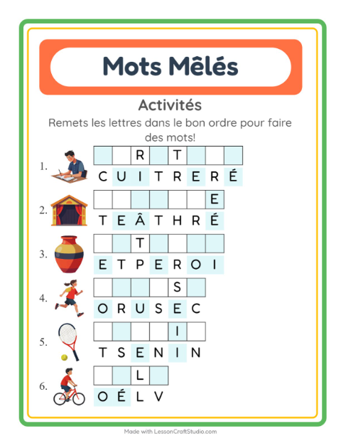 Aperçu de la fiche Lettres Mélangées avec Activités pour CP (cours préparatoire)