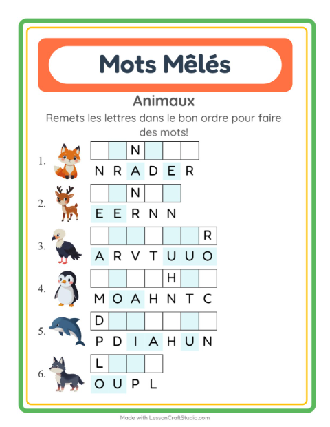 Aperçu de la fiche Lettres Mélangées avec Animaux pour CP (cours préparatoire)