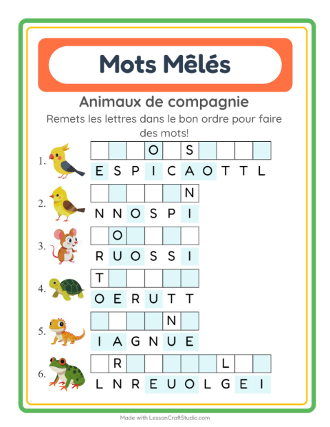 Aperçu de la fiche Lettres Mélangées avec Animaux de compagnie pour CP (cours préparatoire)