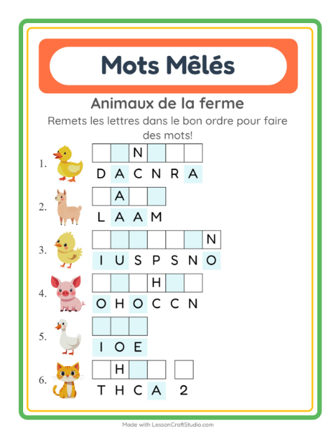 Aperçu de la fiche Lettres Mélangées avec Animaux de la ferme pour CP (cours préparatoire)