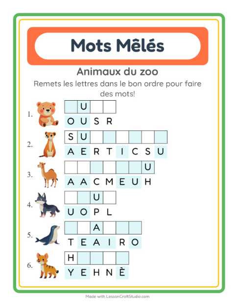 Aperçu de la fiche Lettres Mélangées avec Animaux du zoo pour CP (cours préparatoire)