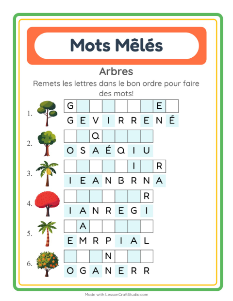 Aperçu de la fiche Lettres Mélangées avec Arbres pour CP (cours préparatoire)