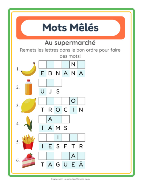 Aperçu de la fiche Lettres Mélangées avec Au supermarché pour CP (cours préparatoire)