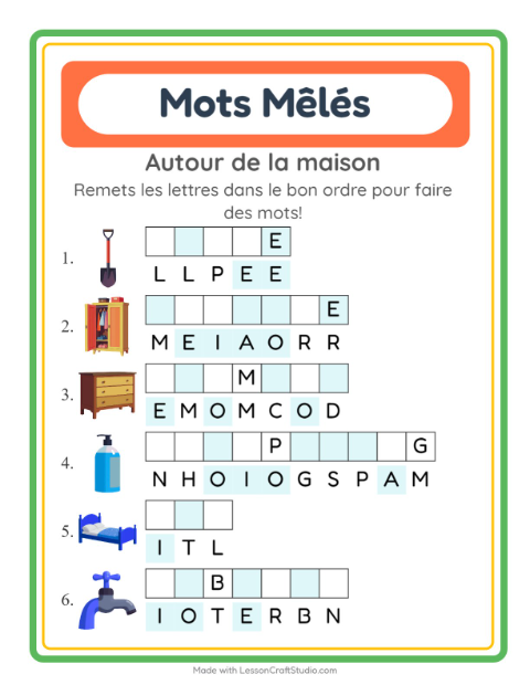 Aperçu de la fiche Lettres Mélangées avec Autour de la maison pour CP (cours préparatoire)