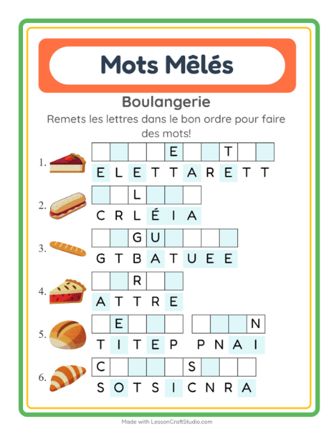 Aperçu de la fiche Lettres Mélangées avec Boulangerie pour CP (cours préparatoire)