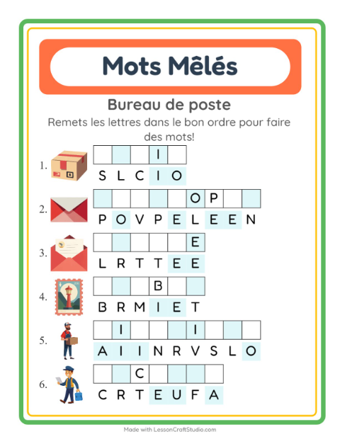 Aperçu de la fiche Lettres Mélangées avec Bureau de poste pour CP (cours préparatoire)