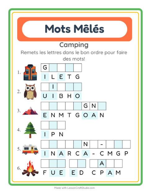 Aperçu de la fiche Lettres Mélangées avec Camping pour CP (cours préparatoire)