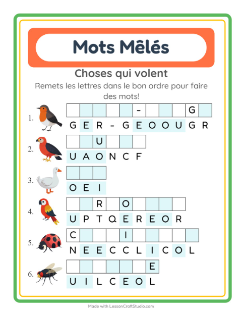 Aperçu de la fiche Lettres Mélangées avec Choses qui volent pour CP (cours préparatoire)