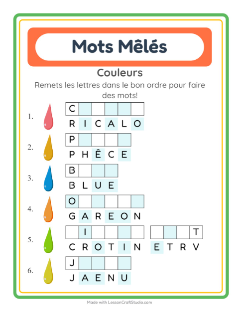 Aperçu de la fiche Lettres Mélangées avec Couleurs pour CP (cours préparatoire)