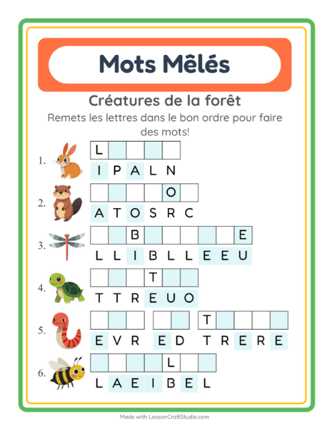 Aperçu de la fiche Lettres Mélangées avec Créatures de la forêt pour CP (cours préparatoire)