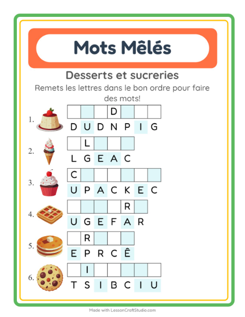 Aperçu de la fiche Lettres Mélangées avec Desserts et sucreries pour CP (cours préparatoire)