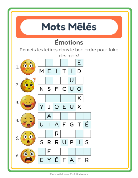 Aperçu de la fiche Lettres Mélangées avec Émotions pour CP (cours préparatoire)