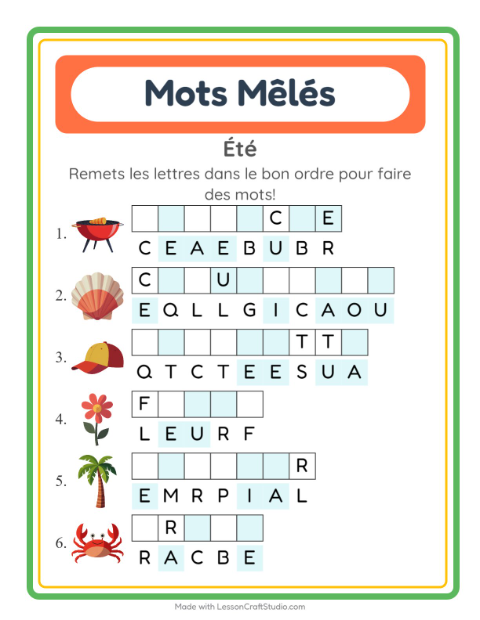 Aperçu de la fiche Lettres Mélangées avec Été pour CP (cours préparatoire)
