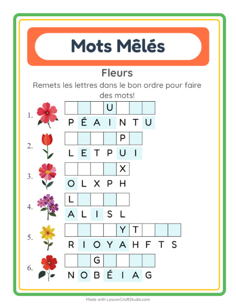 Aperçu de la fiche Lettres Mélangées avec Fleurs pour CP (cours préparatoire)