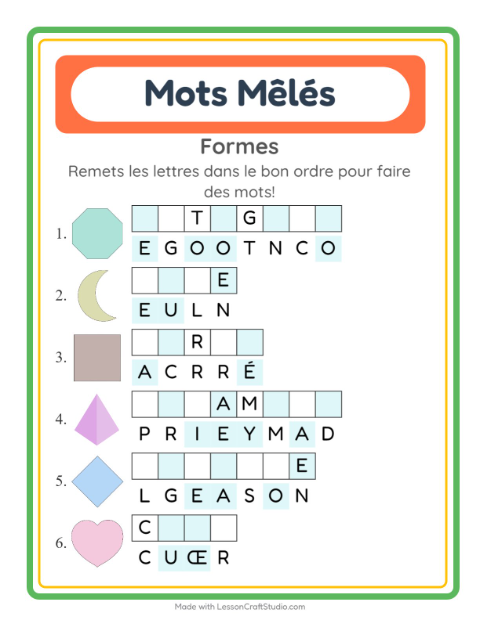 Aperçu de la fiche Lettres Mélangées avec Formes pour CP (cours préparatoire)
