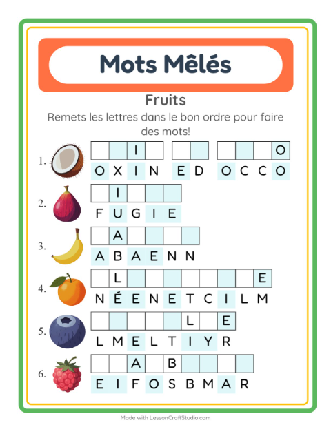 Aperçu de la fiche Lettres Mélangées avec Fruits pour CP (cours préparatoire)