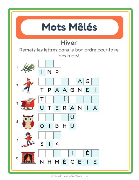 Aperçu de la fiche Lettres Mélangées avec Hiver pour CP (cours préparatoire)