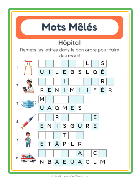 Aperçu de la fiche Lettres Mélangées avec Hôpital pour CP (cours préparatoire)