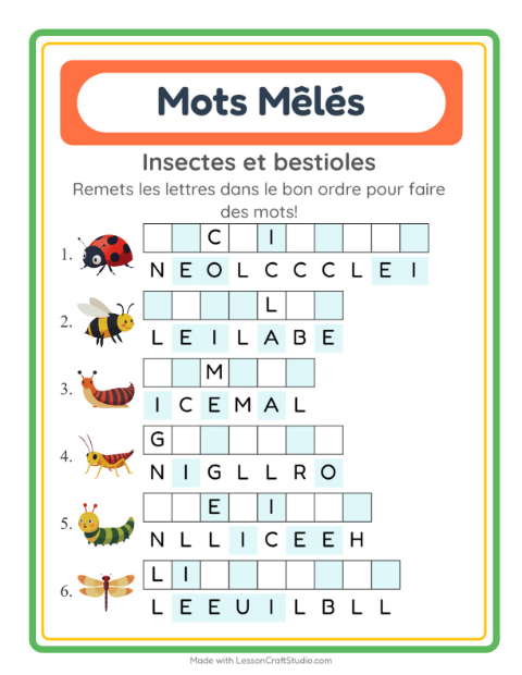 Aperçu de la fiche Lettres Mélangées avec Insectes et bestioles pour CP (cours préparatoire)