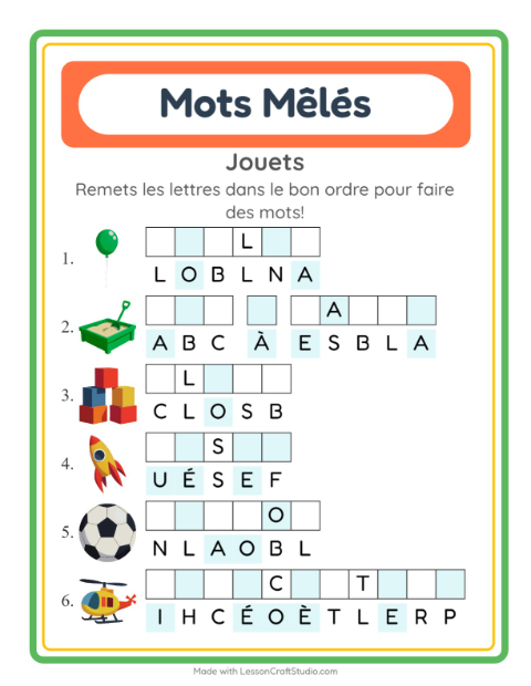 Aperçu de la fiche Lettres Mélangées avec Jouets pour CP (cours préparatoire)