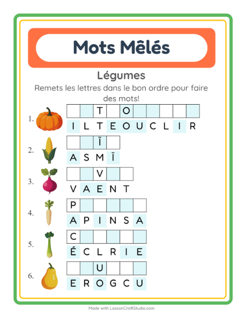 Aperçu de la fiche Lettres Mélangées avec Légumes pour CP (cours préparatoire)